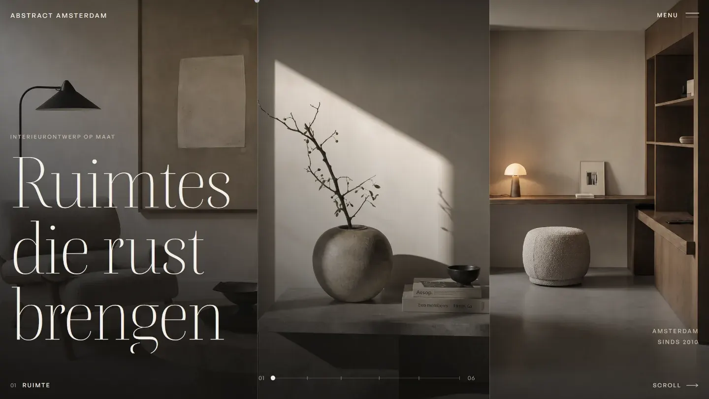 Websiteontwerp door Winq voor Abstract Amsterdam, interieurontwerper