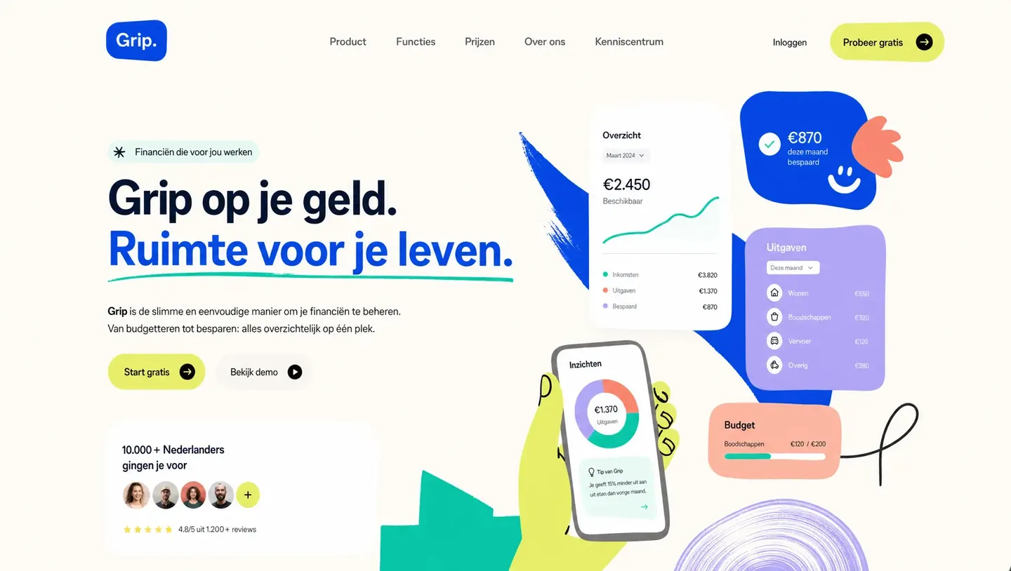 Websiteontwerp door Winq voor Grip, persoonlijke finance-app