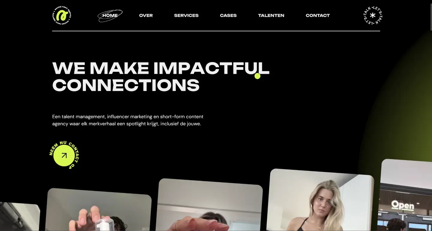 Websiteontwerp door Winq voor Social Next Agency, influencer marketing