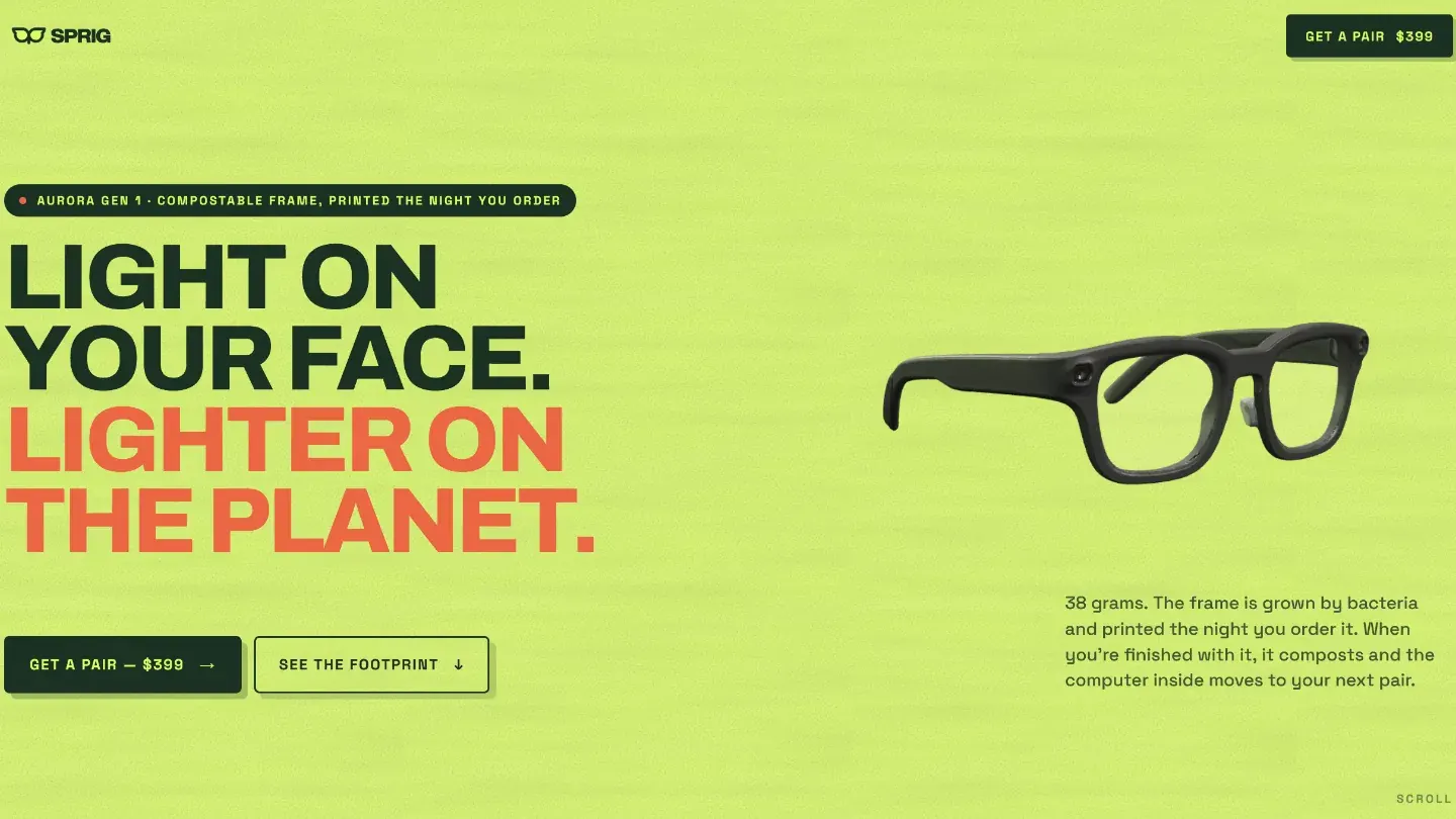 Websiteontwerp door Winq voor Sprig, 3D-geprinte smartglasses